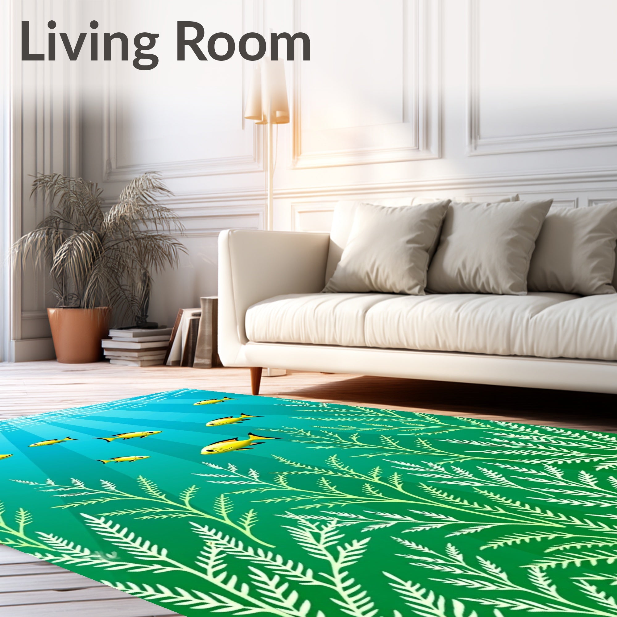 Sunny Yellow Fish Teal Underwater Scene Rug