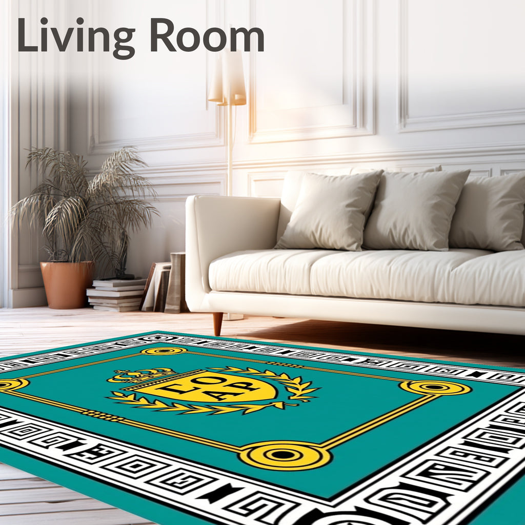 Turquoise Gold Crest Laurel Frame Rug
