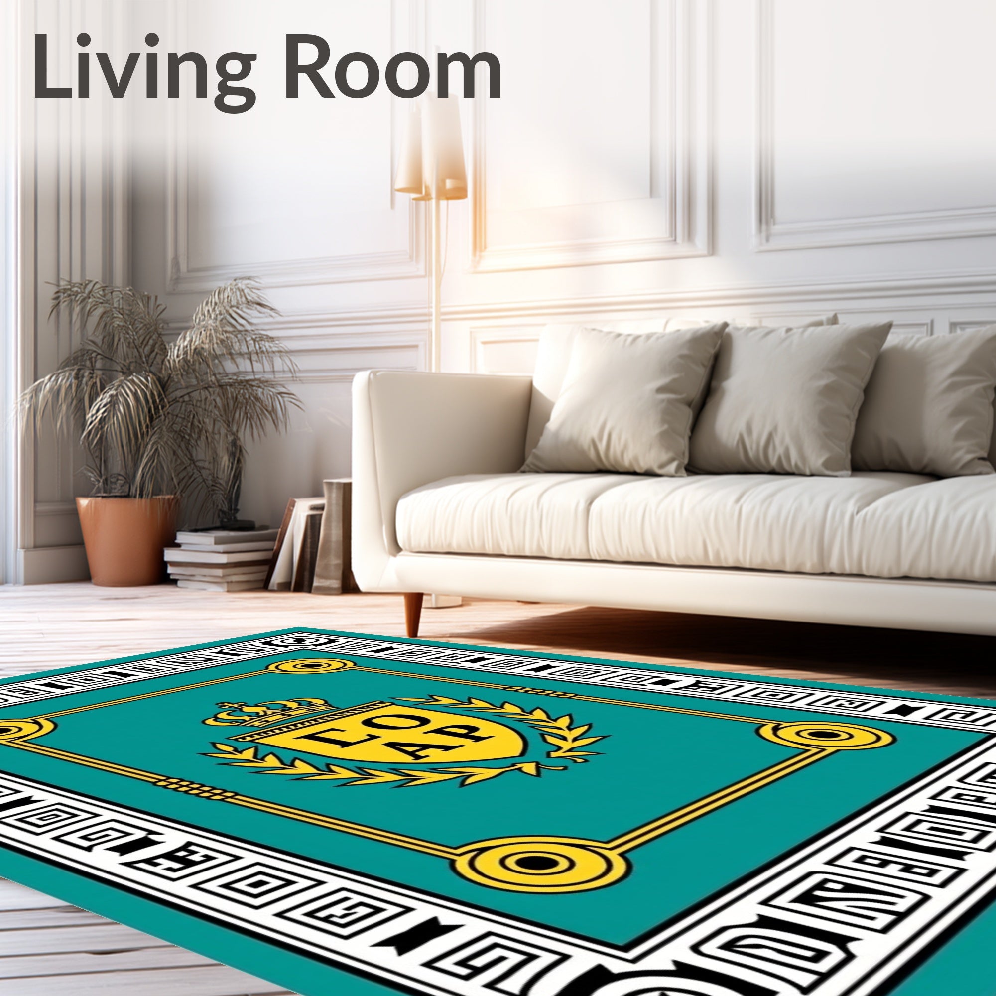 Turquoise Gold Crest Laurel Frame Rug