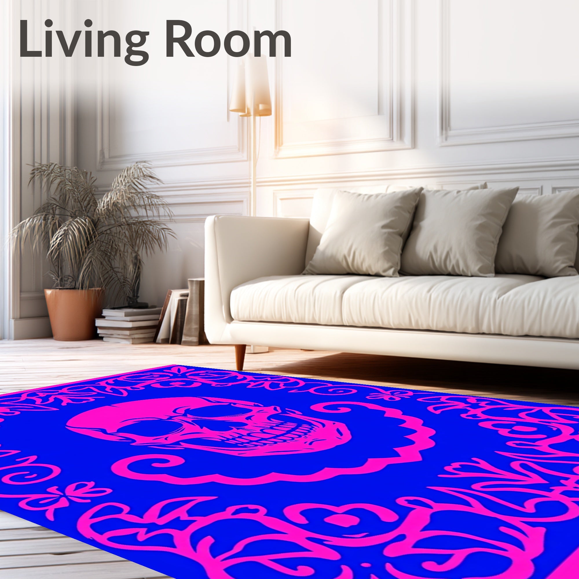 Pink Skull Floral Frame Blue Rug