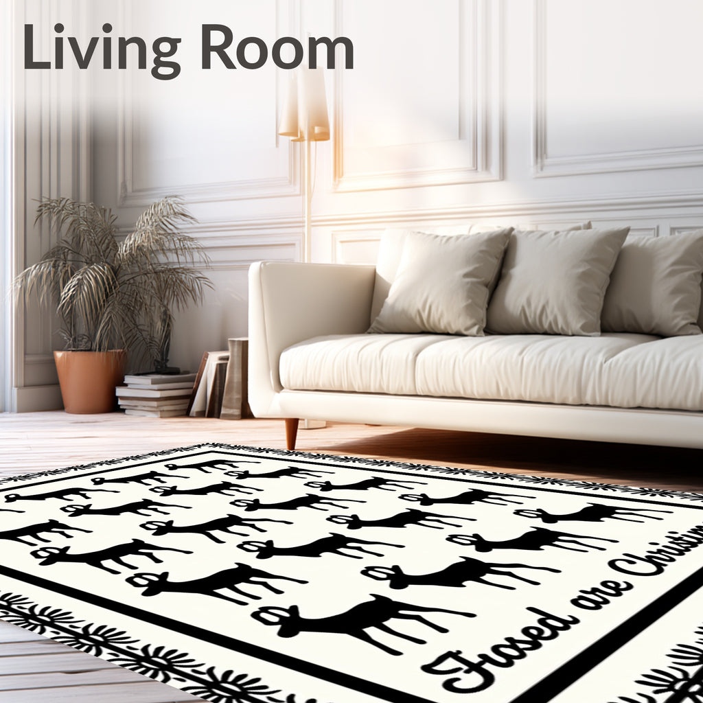 Black Reindeer Silhouette Cream Border Rug