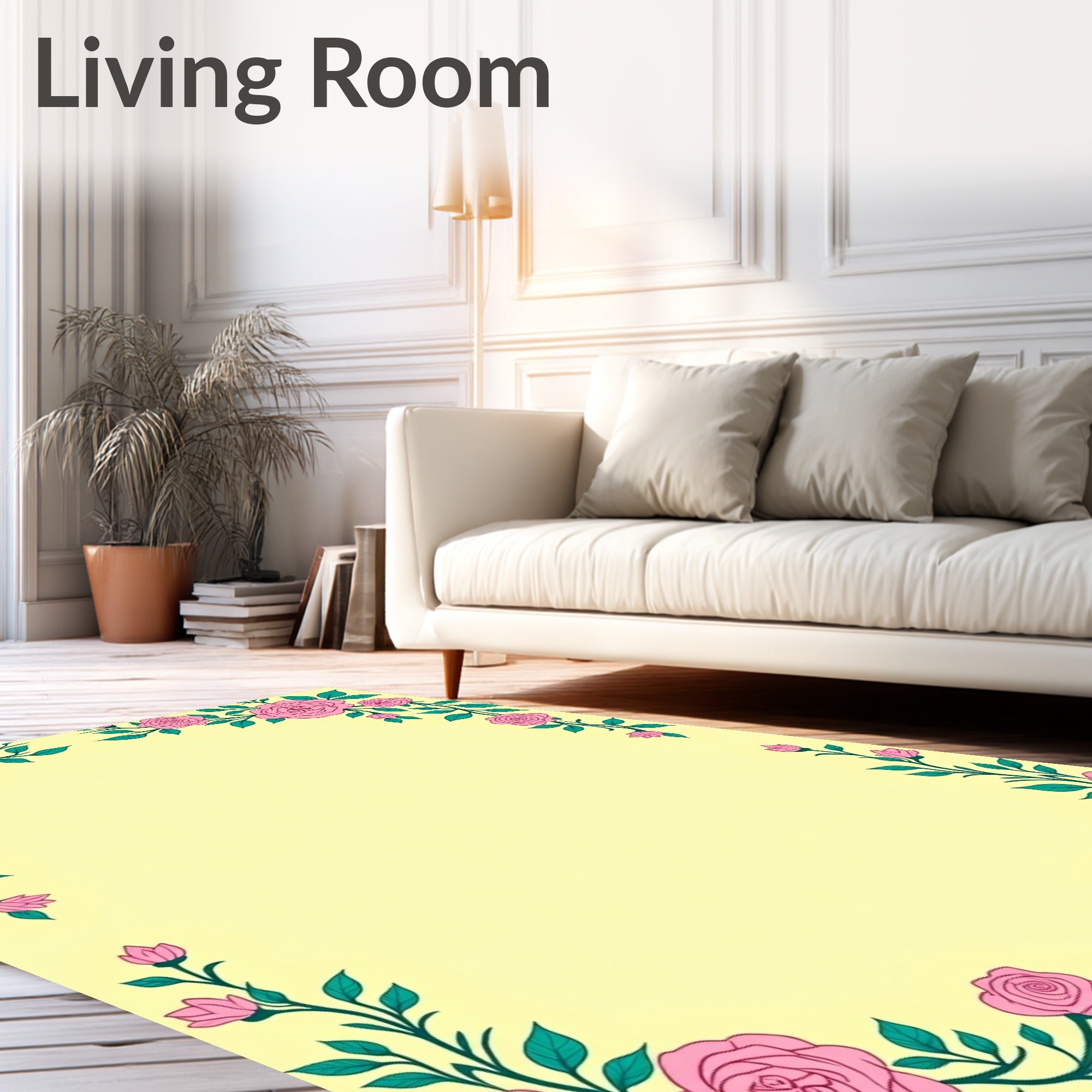Pink Roses and Green Leaves Border Rug
