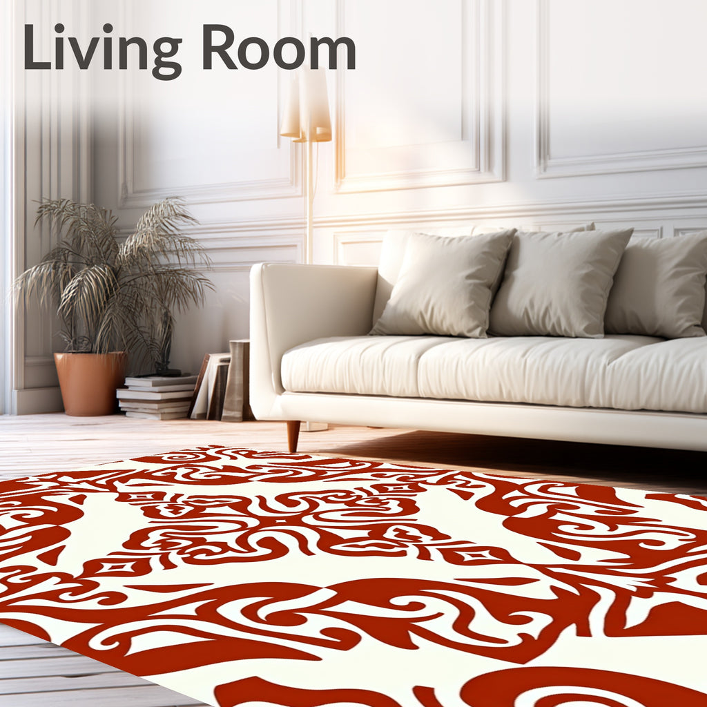 Terracotta Scrolls Damask Rug