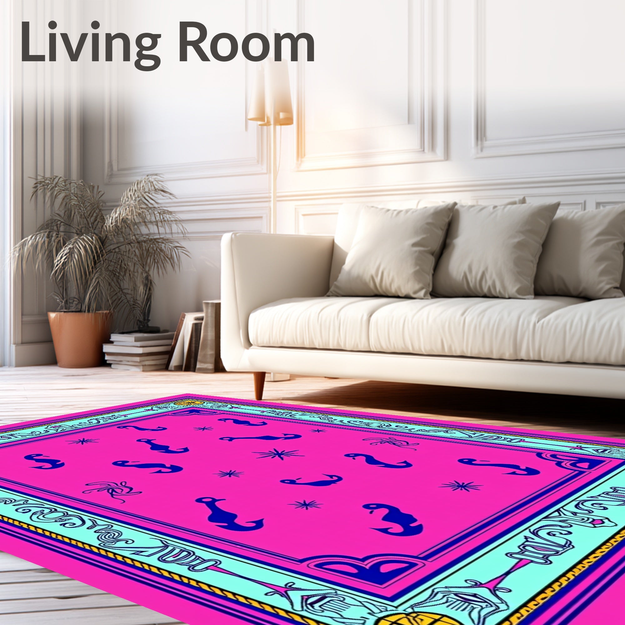 Bright Pink Seahorse Nautical Border Rug