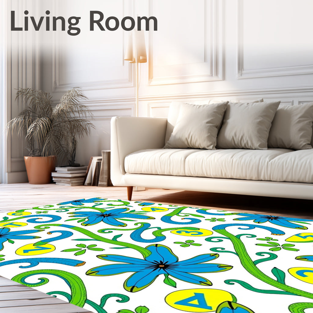 Blue Floral Vines With Alphabet Numbers Rug