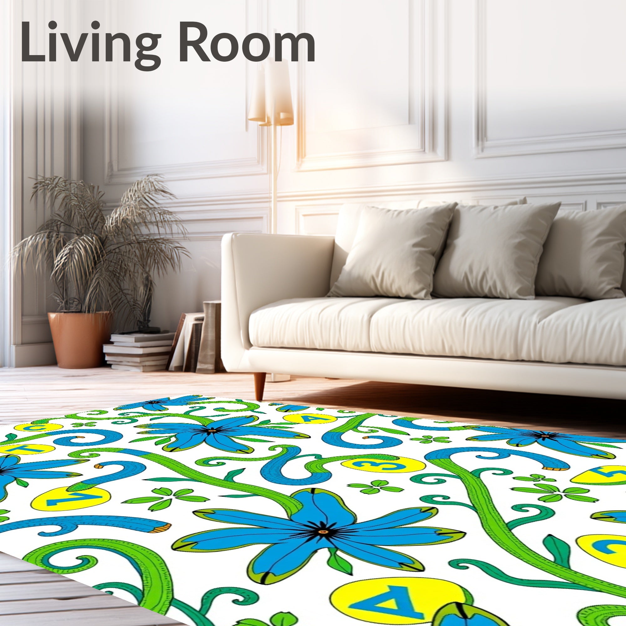 Blue Floral Vines With Alphabet Numbers Rug