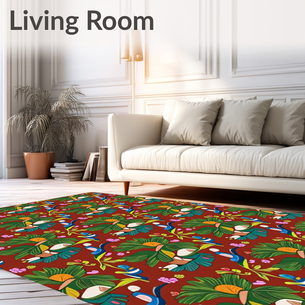 Tropical Teal Leaf Bird Medley Rug