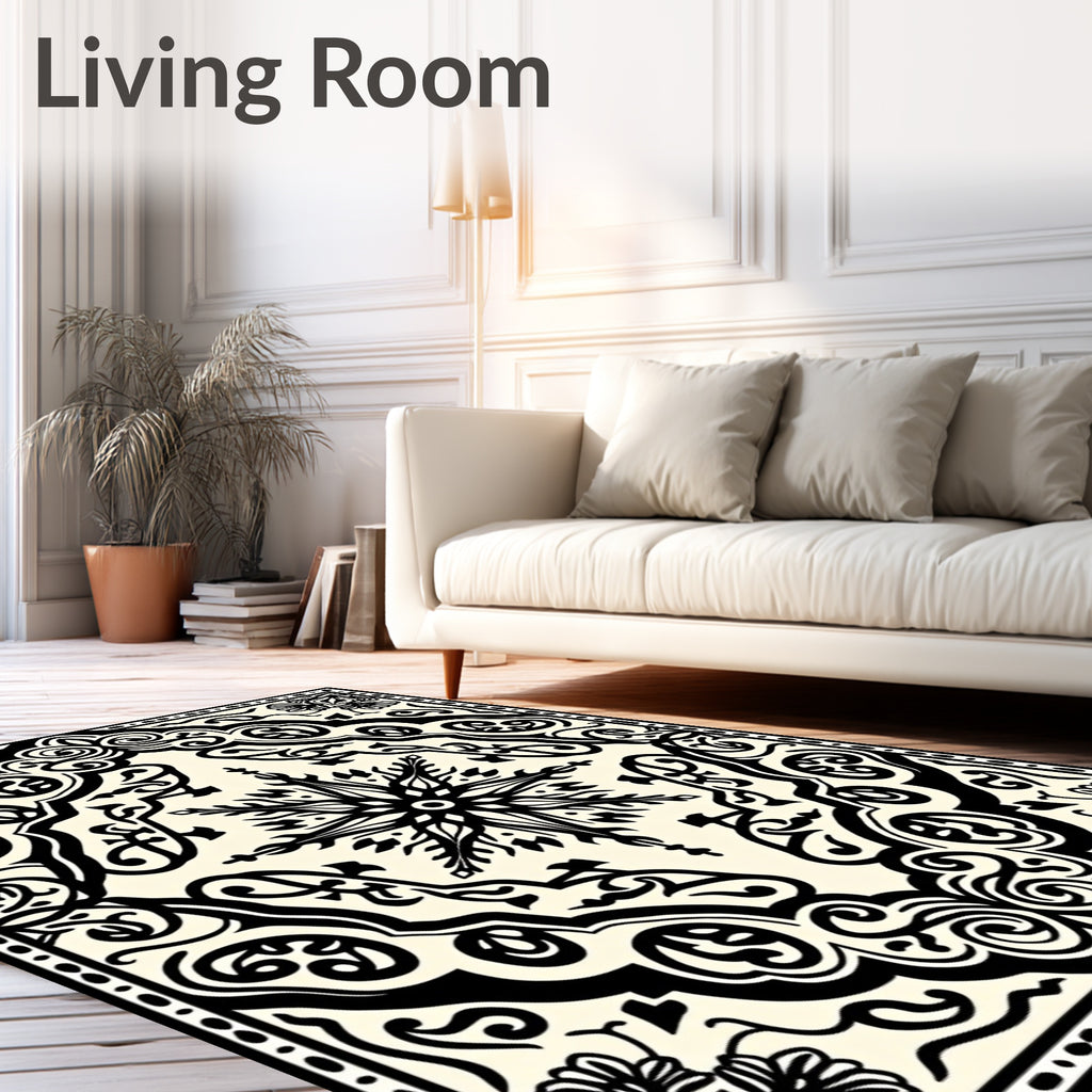 Ivory Black Arabesque Scrollwork Collection Rug