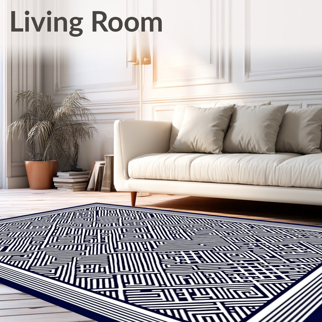 Navy White Geometric Labyrinth Border Rug