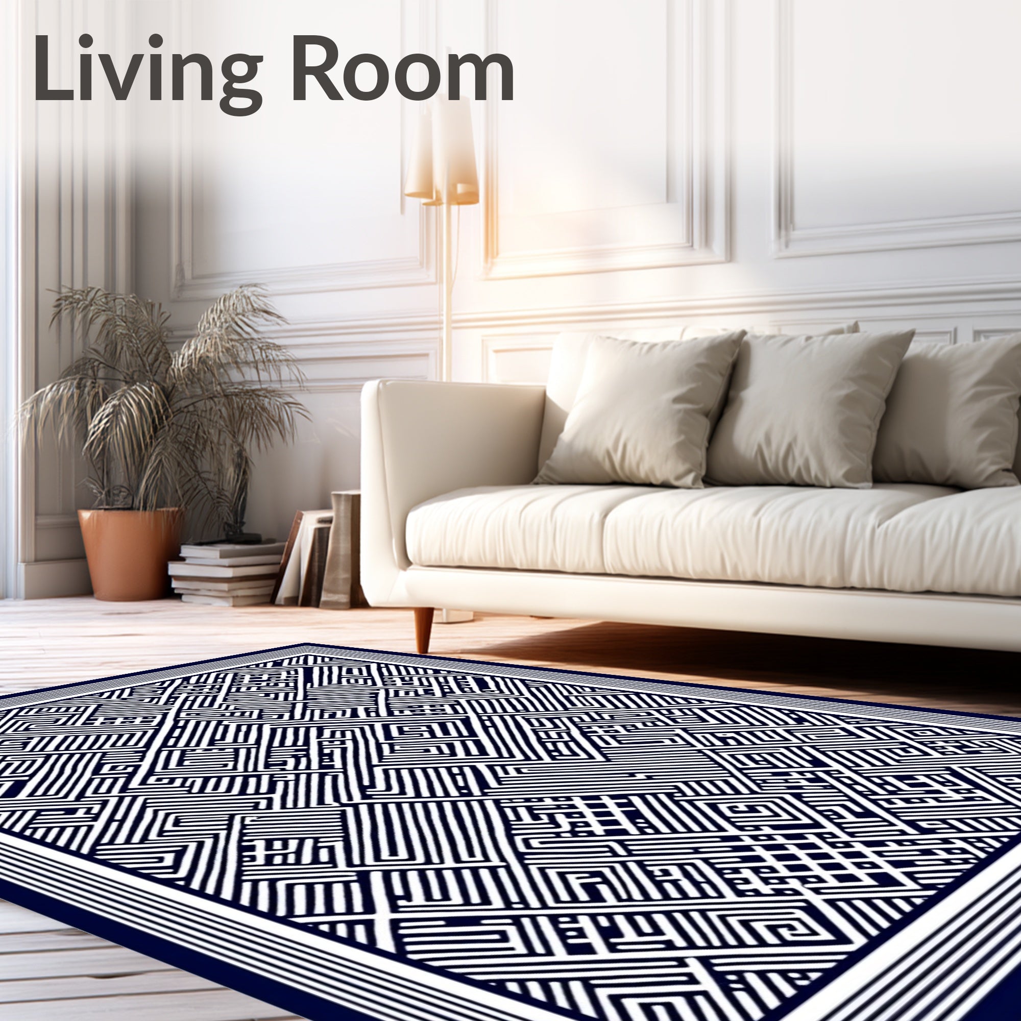 Navy White Geometric Labyrinth Border Rug