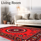 Fiery Red Sunburst Geometric Border Rug