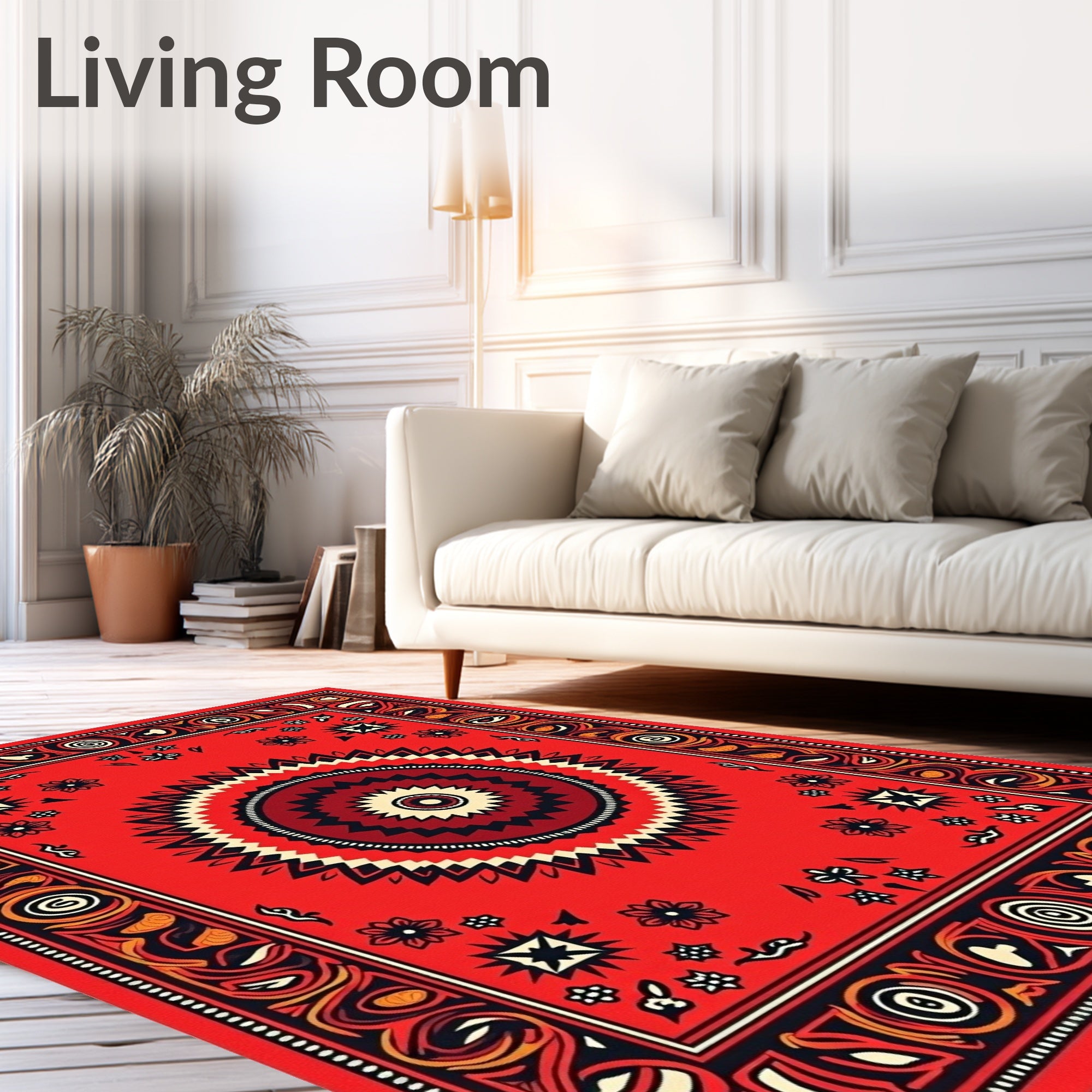 Fiery Red Sunburst Geometric Border Rug