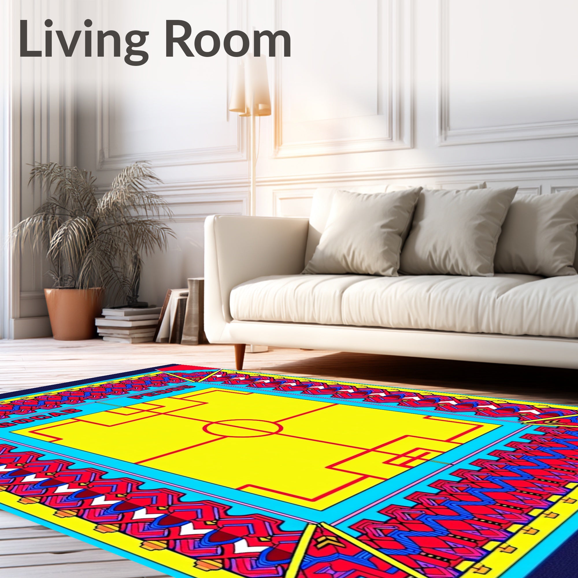 Bold Red Yellow Geometric Soccer Field Rug