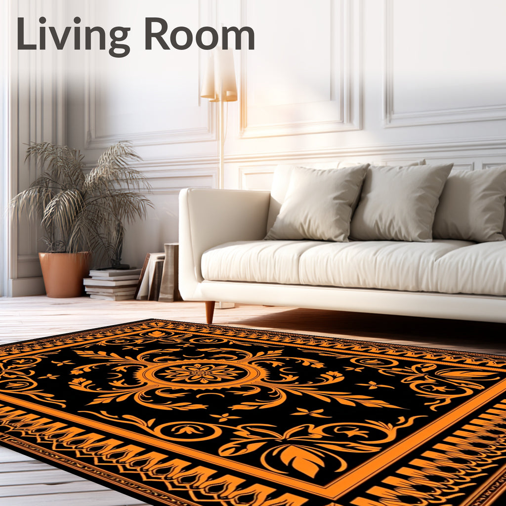 Orange Floral Medallion Black Rug