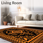 Orange Floral Medallion Black Rug