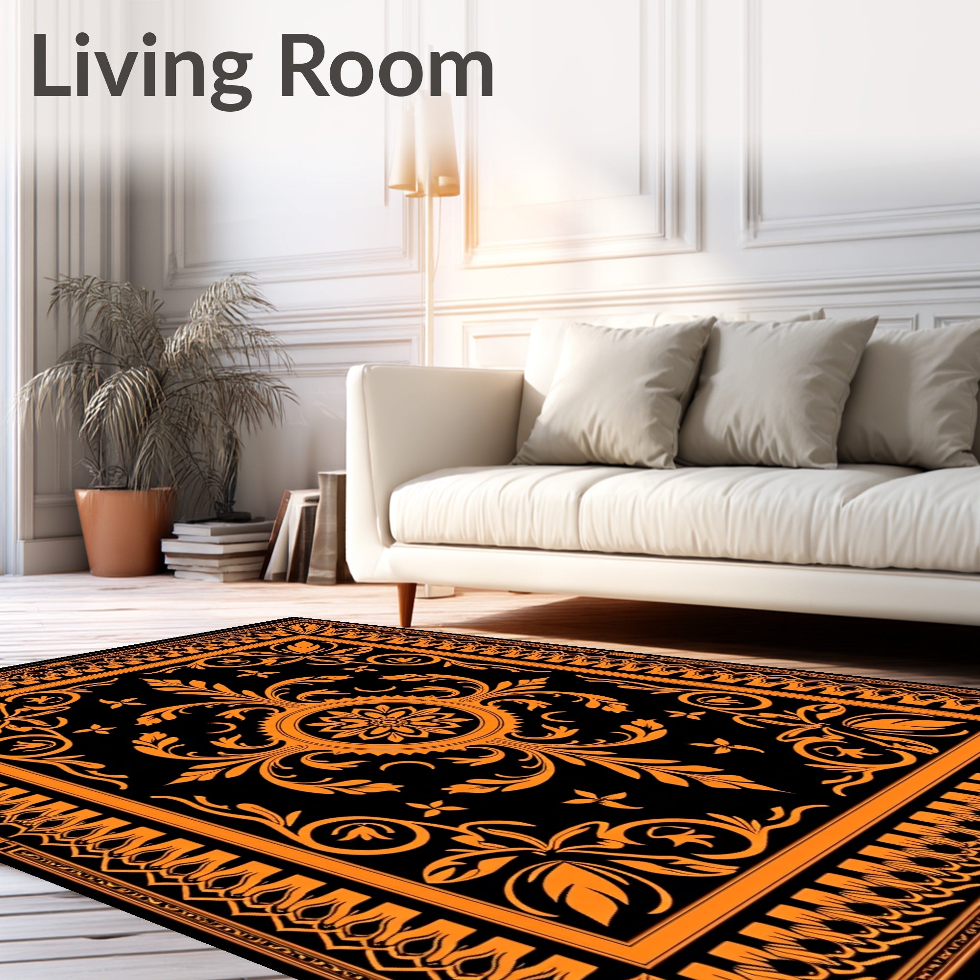 Orange Floral Medallion Black Rug