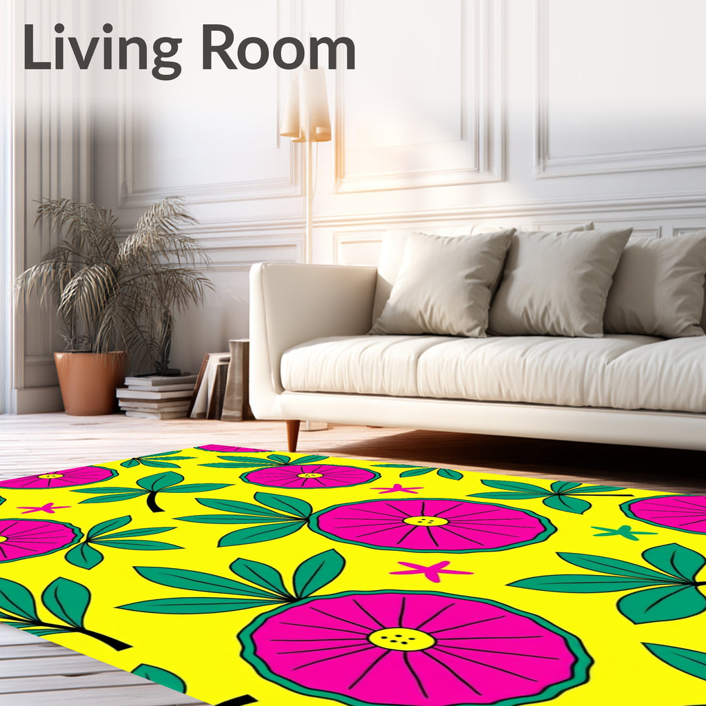 Bright Pink Floral Starburst Yellow Rug
