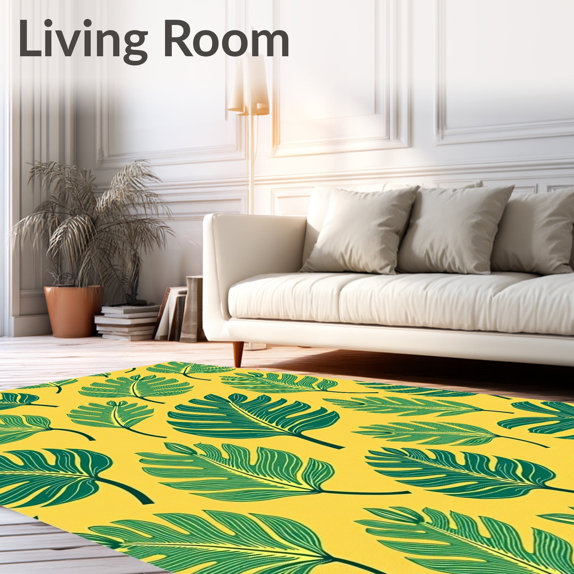 Tropical Green Leafy Monstera Yellow Rug