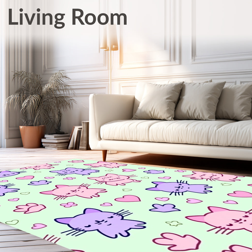 Playful Kawaii Kittens Pink Purple Hearts Rug