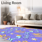 Golden Star Blue Swirls Yellow Leaves Rug