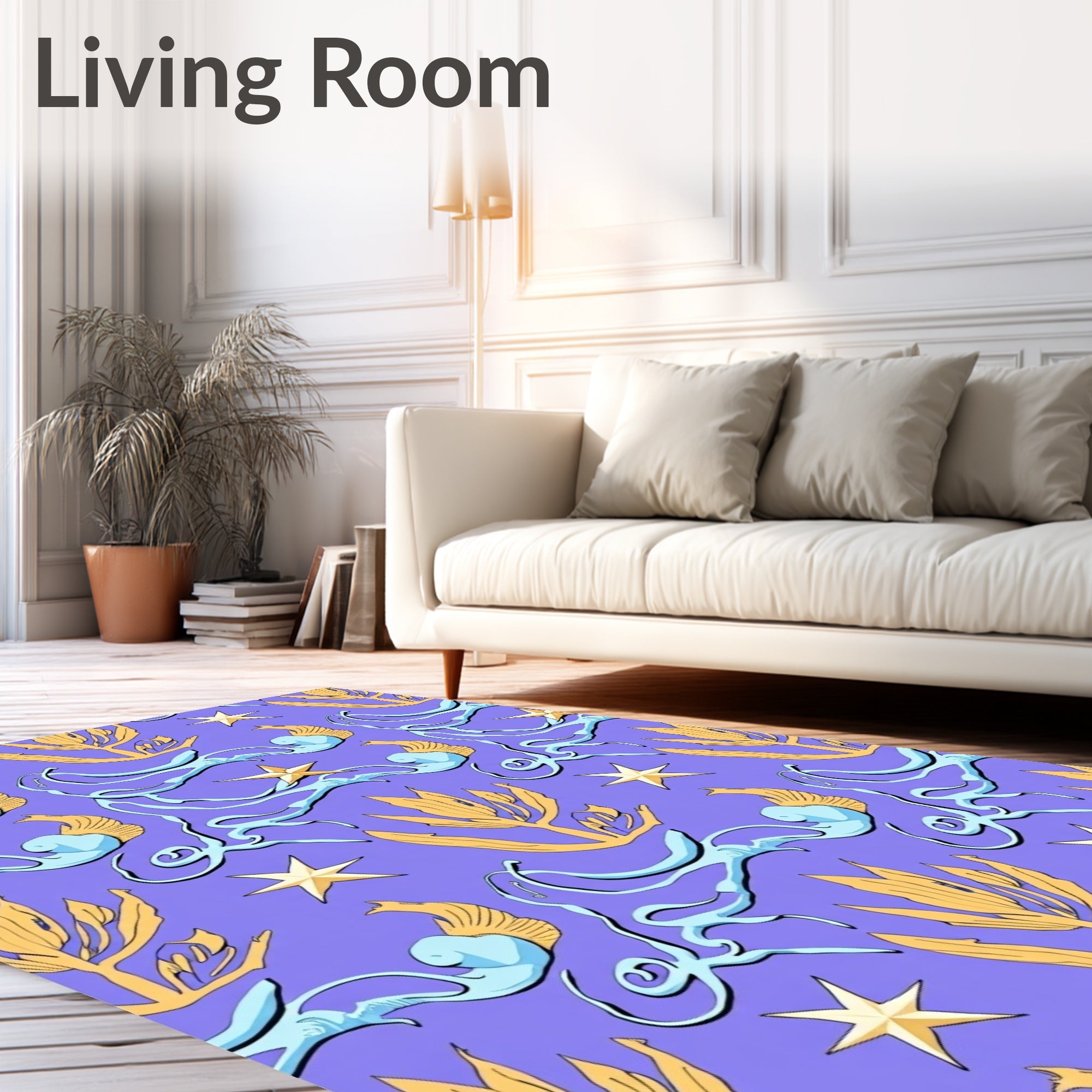 Golden Star Blue Swirls Yellow Leaves Rug