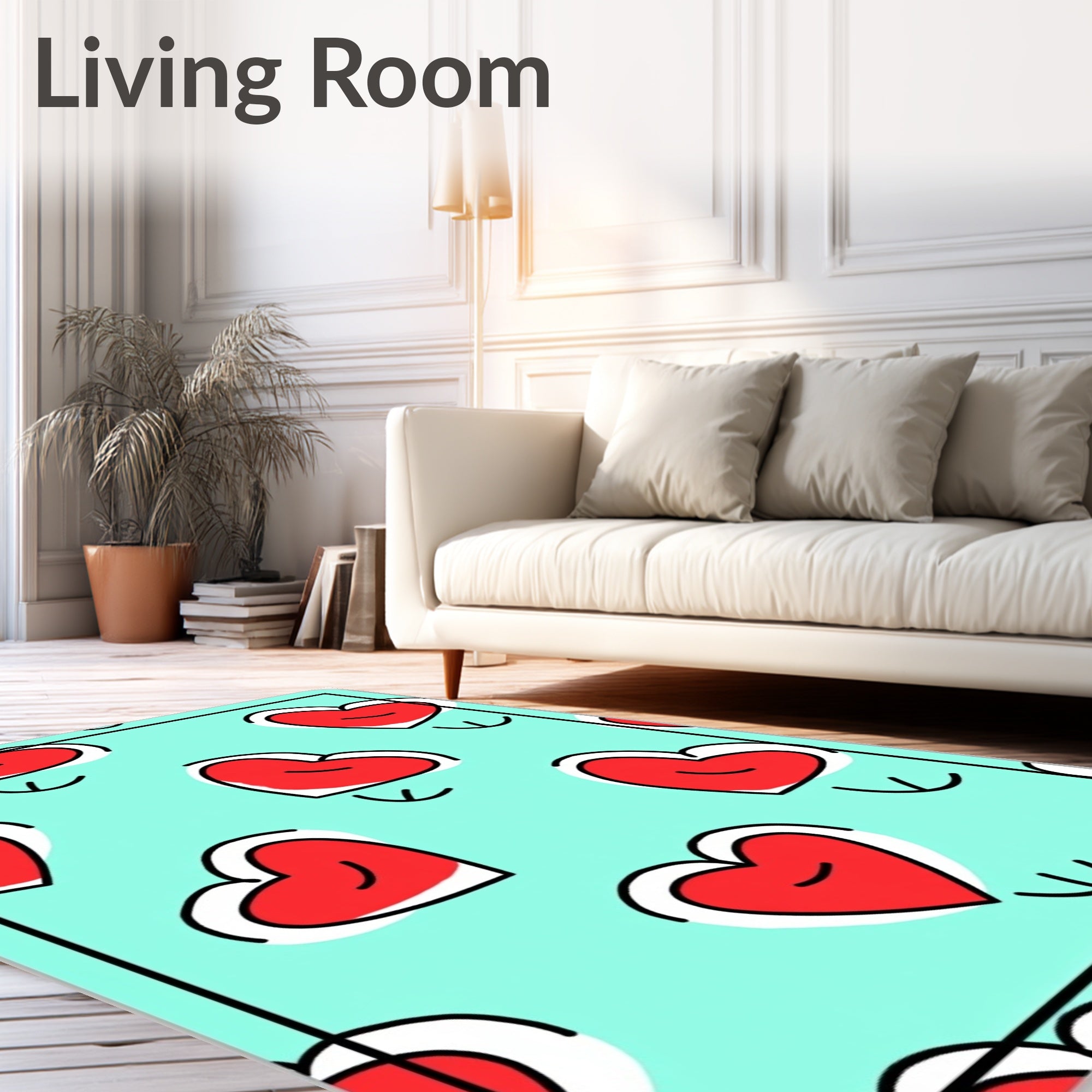 Red Heart Outline Aqua Background Rug