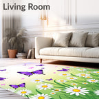 Whimsical purple butterfly daisy meadow Rug