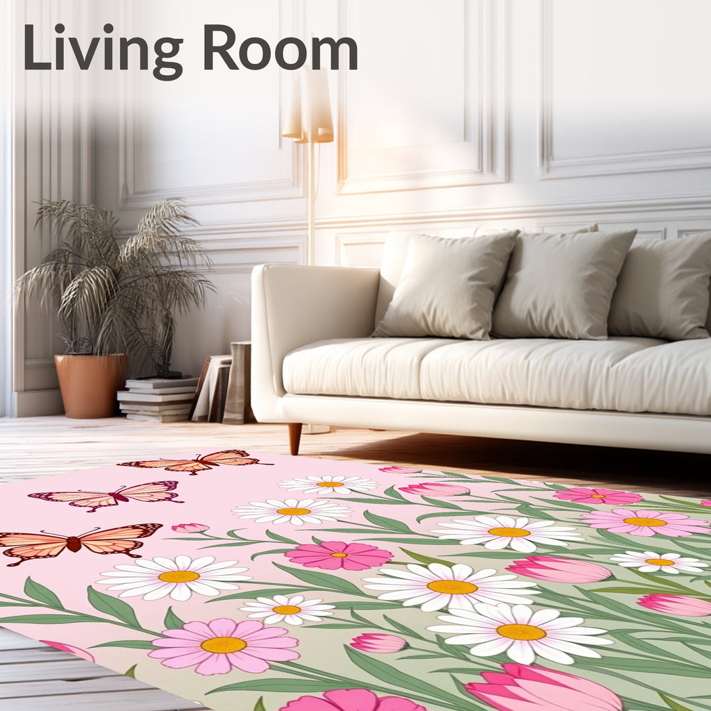 Pink Spring Butterflies Floral Garden Rug
