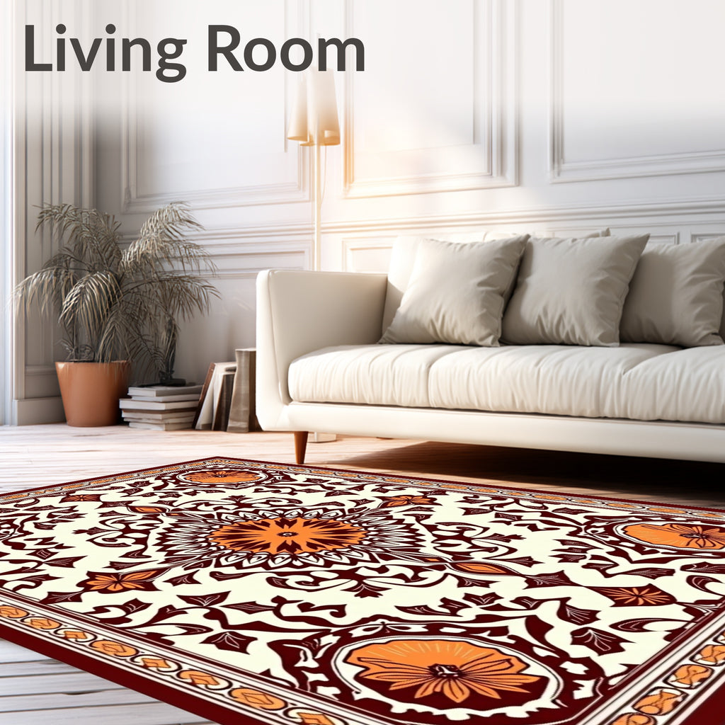 Rich Orange Floral Symmetry Rectangle Rug