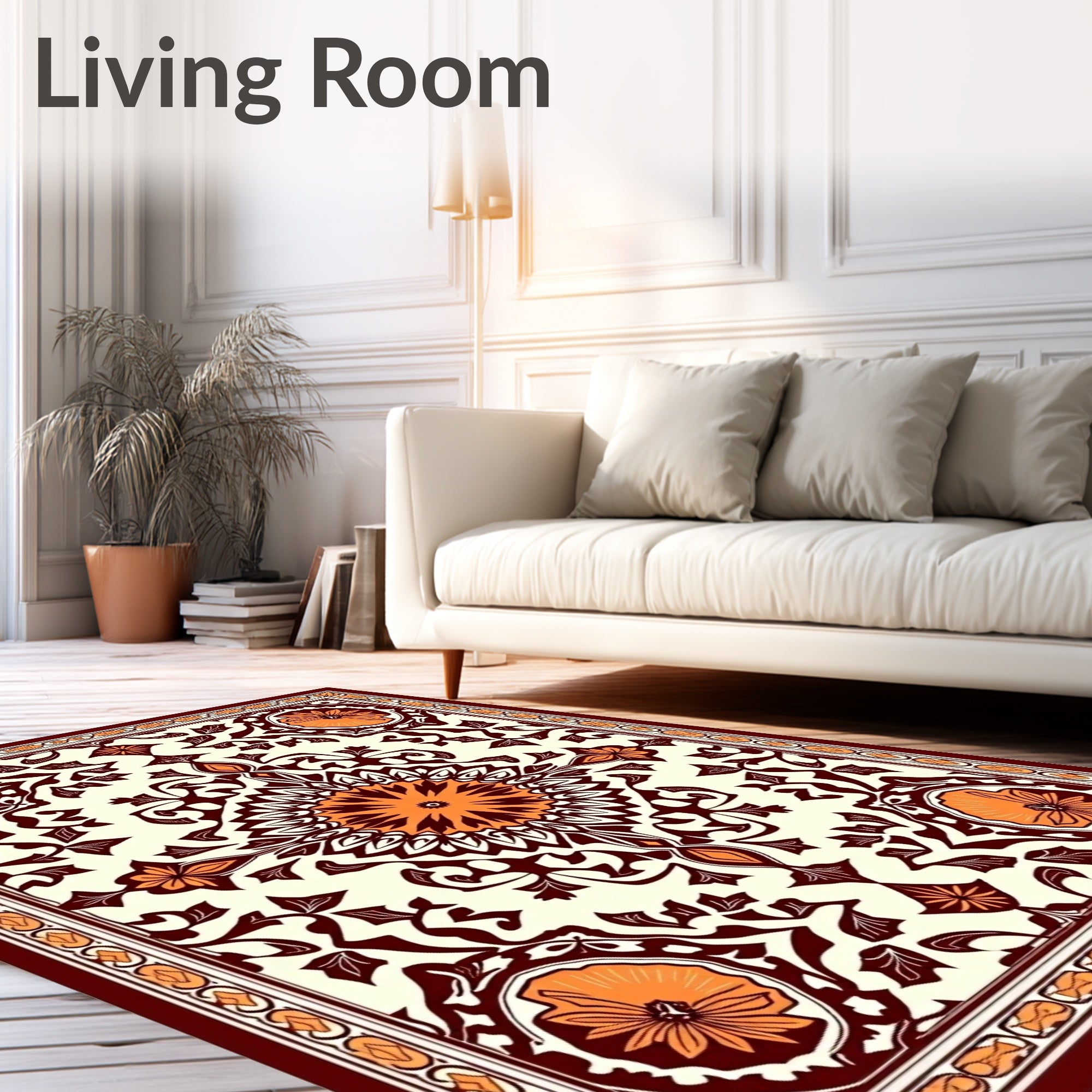 Rich Orange Floral Symmetry Rectangle Rug