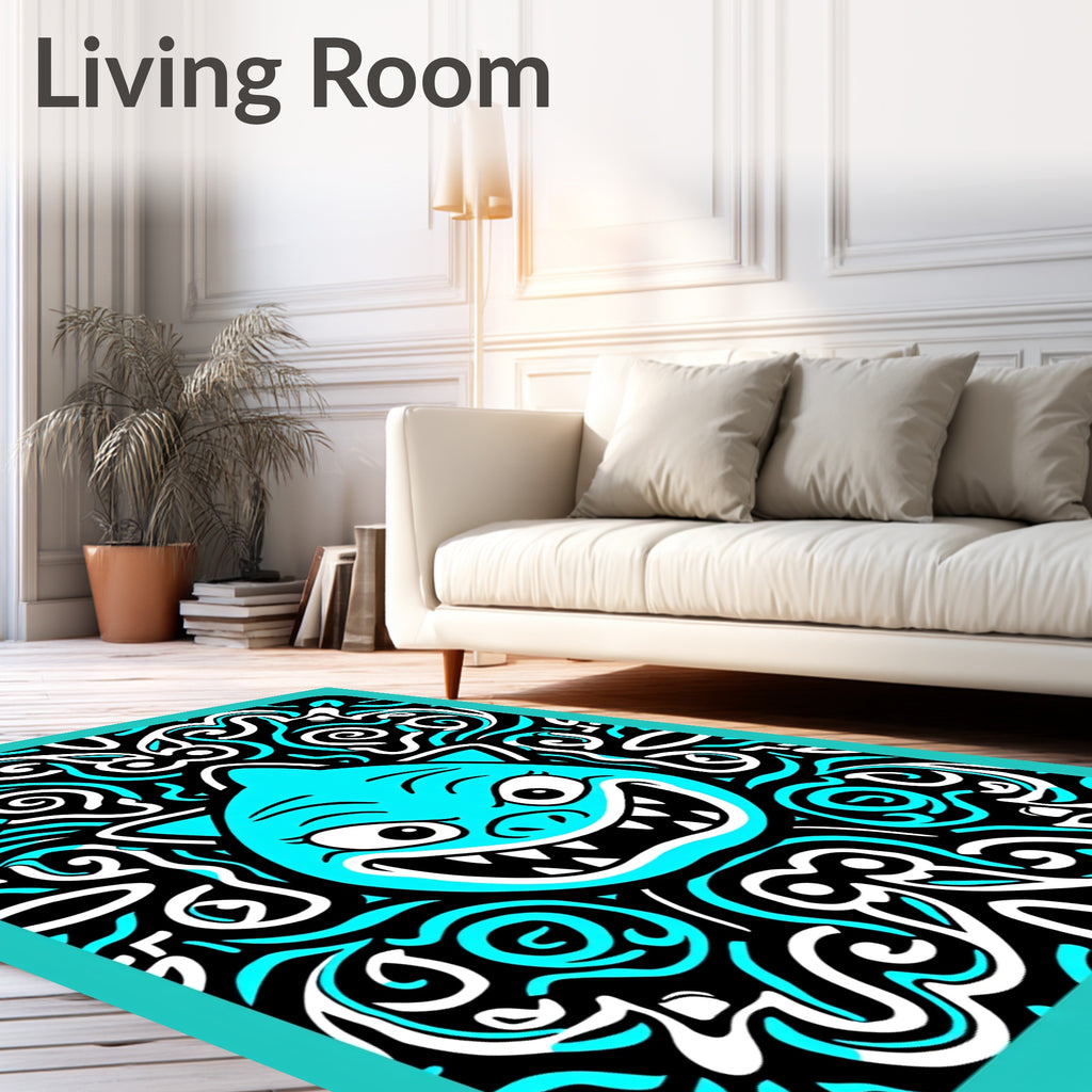 Whimsical Blue Feline Scary Swirls Rug
