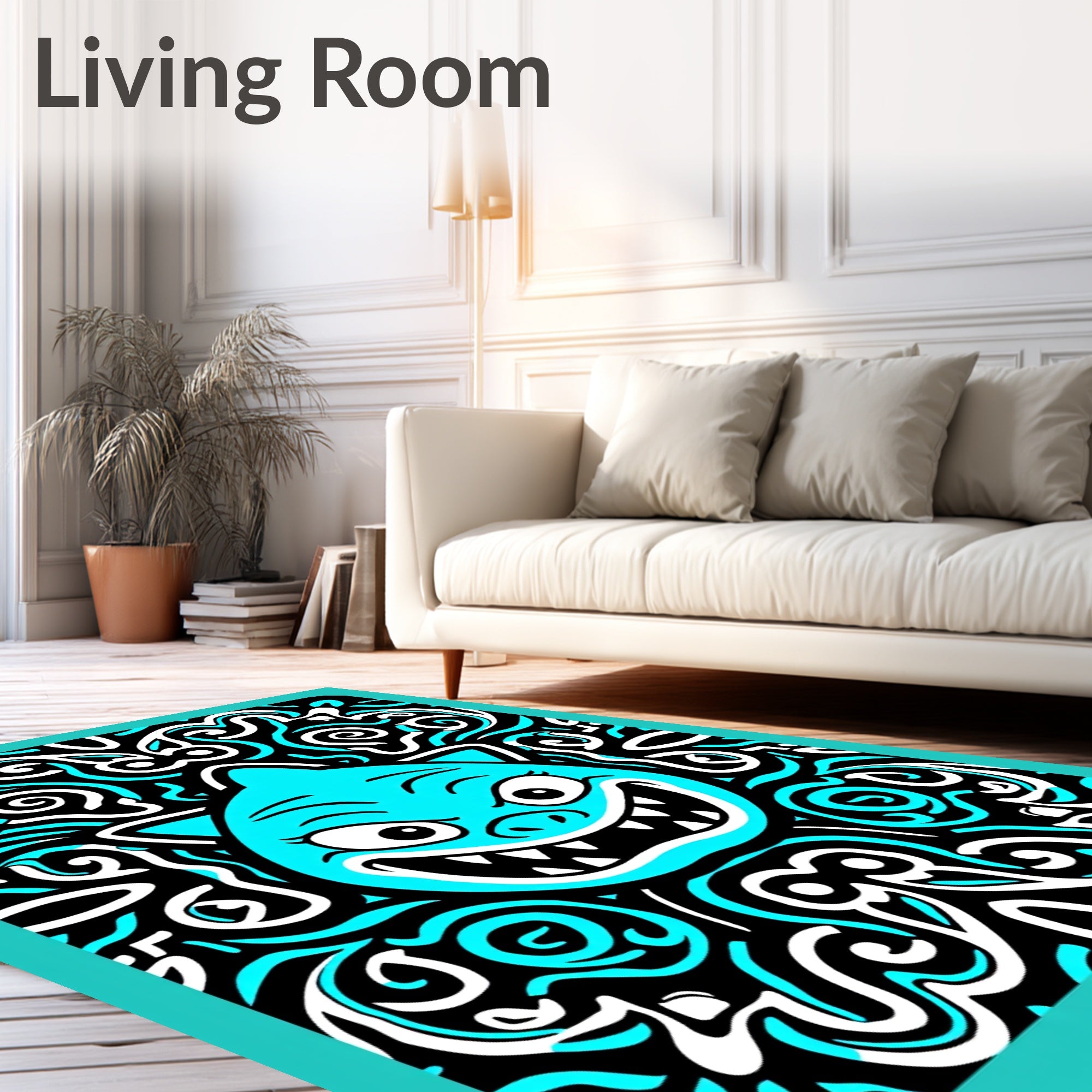 Whimsical Blue Feline Scary Swirls Rug
