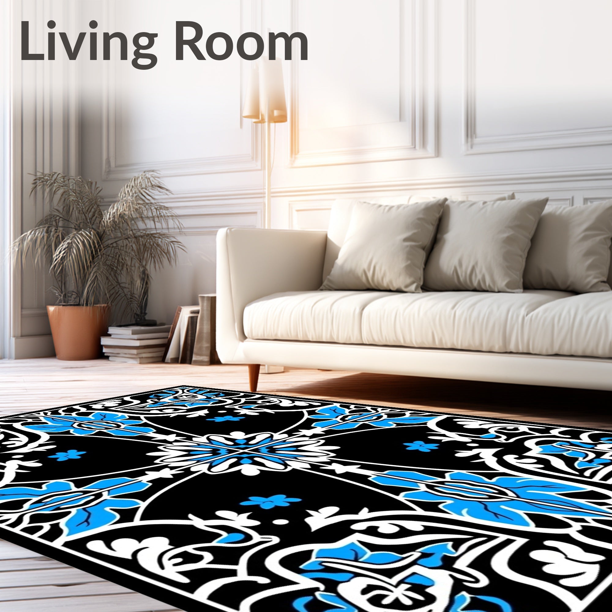 Black Blue Floral Arabesque Rug