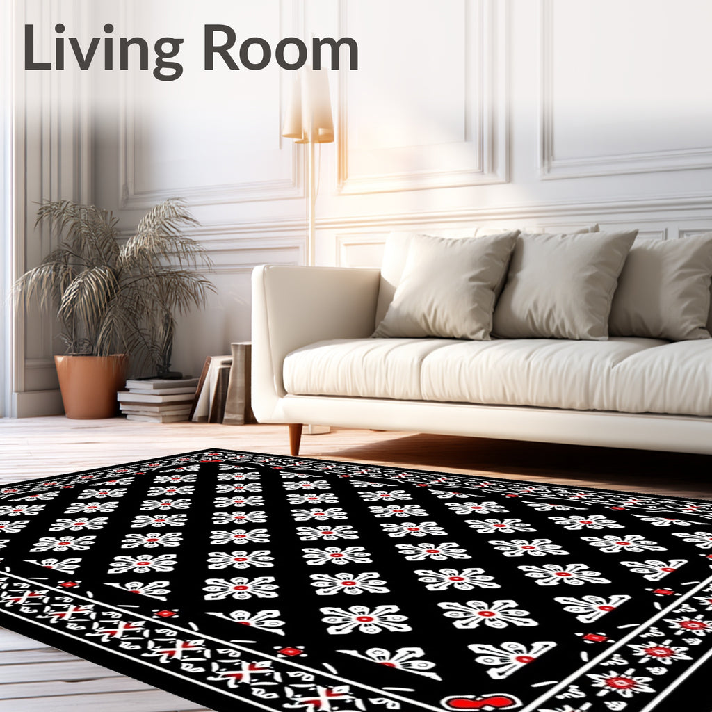 Black White Red Floral Medallion Rug