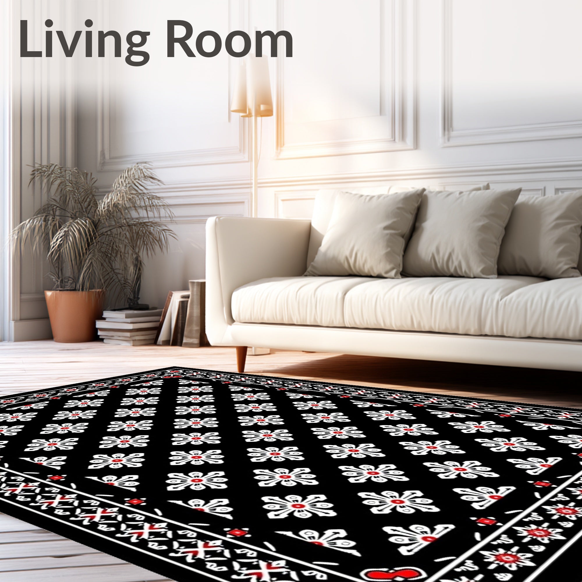 Black White Red Floral Medallion Rug