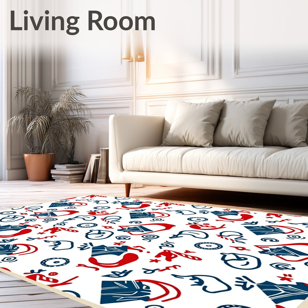 Festive Red Blue Whimsical Icons Rug
