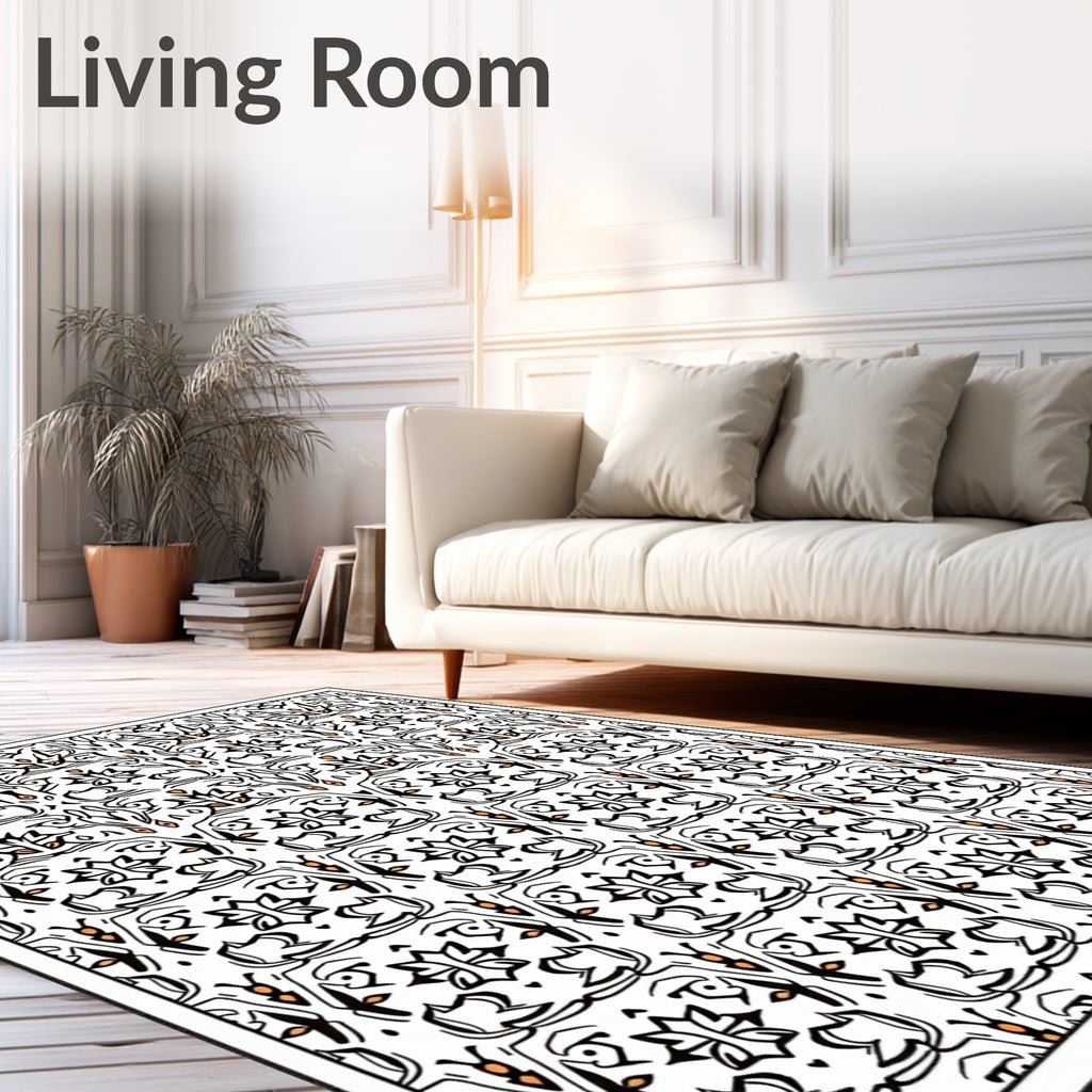 Black White Orange Floral Medallion Rug