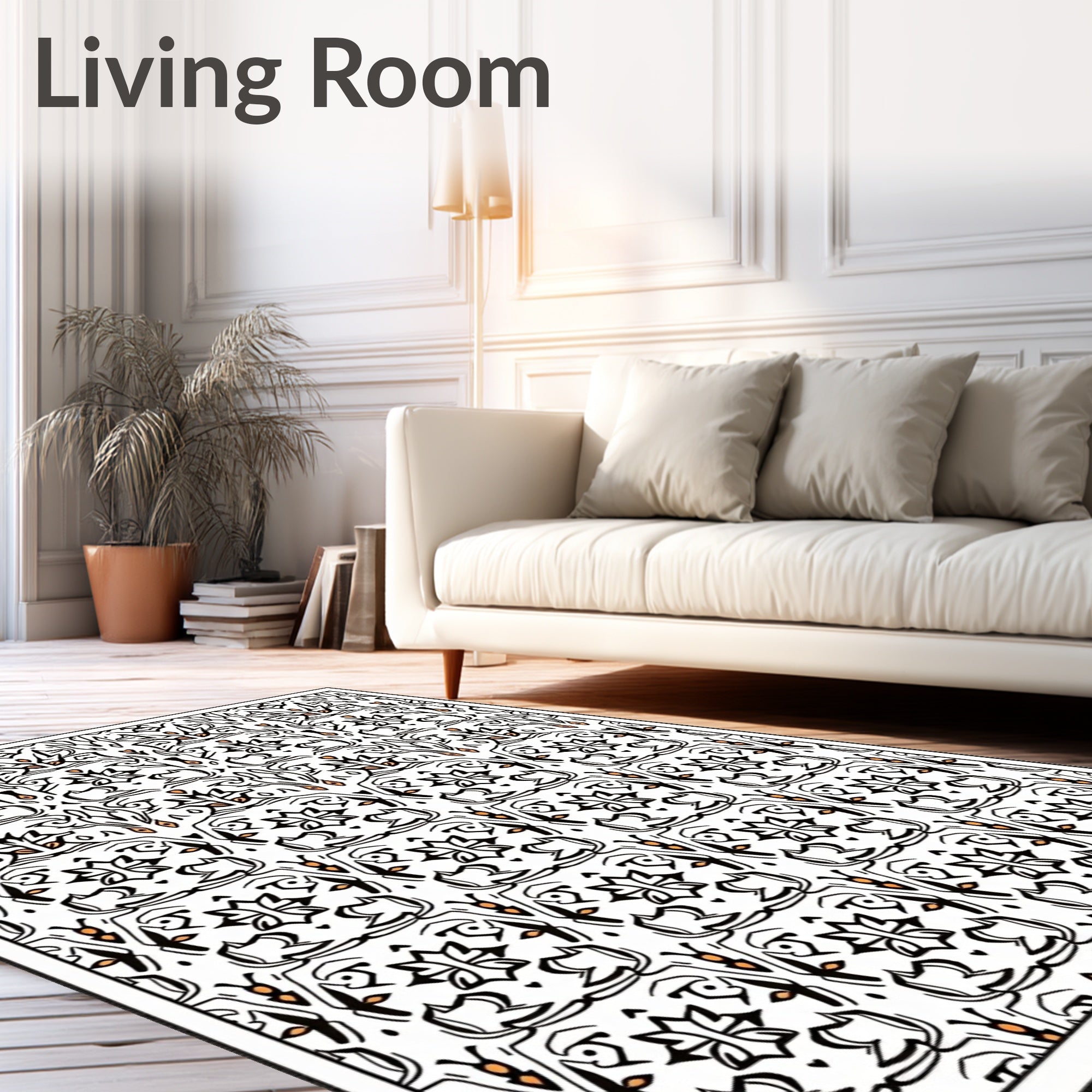 Black White Orange Floral Medallion Rug