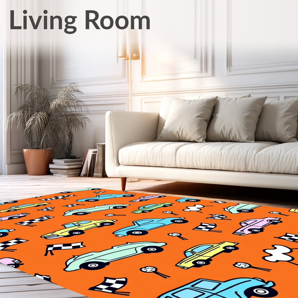Retro Cars Race Flags Whimsical Rug