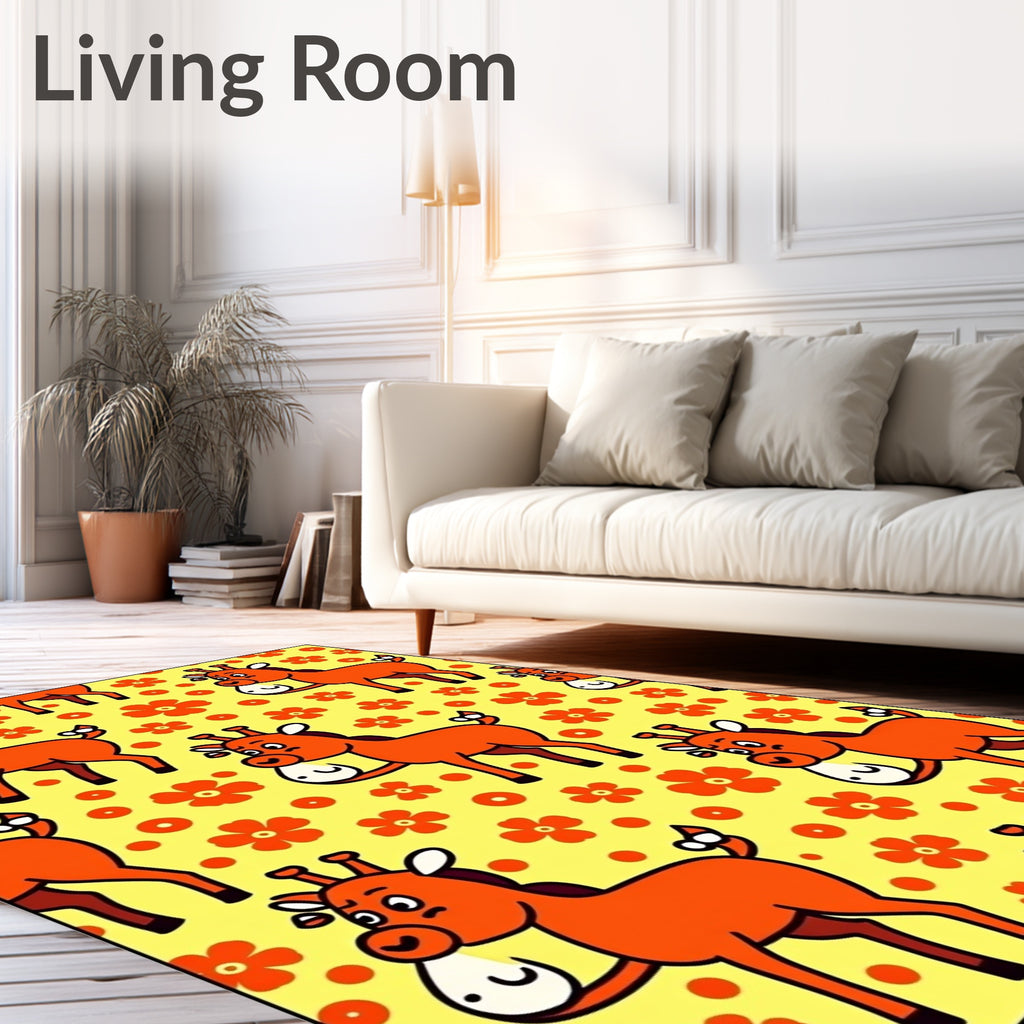 Cute Orange Giraffe Floral Meadow Rug
