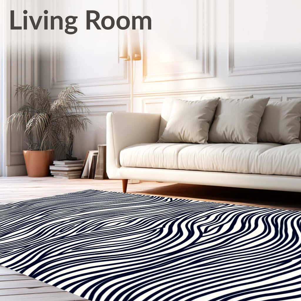 Modern Navy White Wavy Line Rug