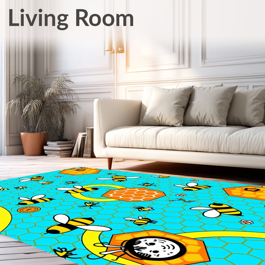 Whimsical Yellow Bee Honeycomb Turquoise Rug