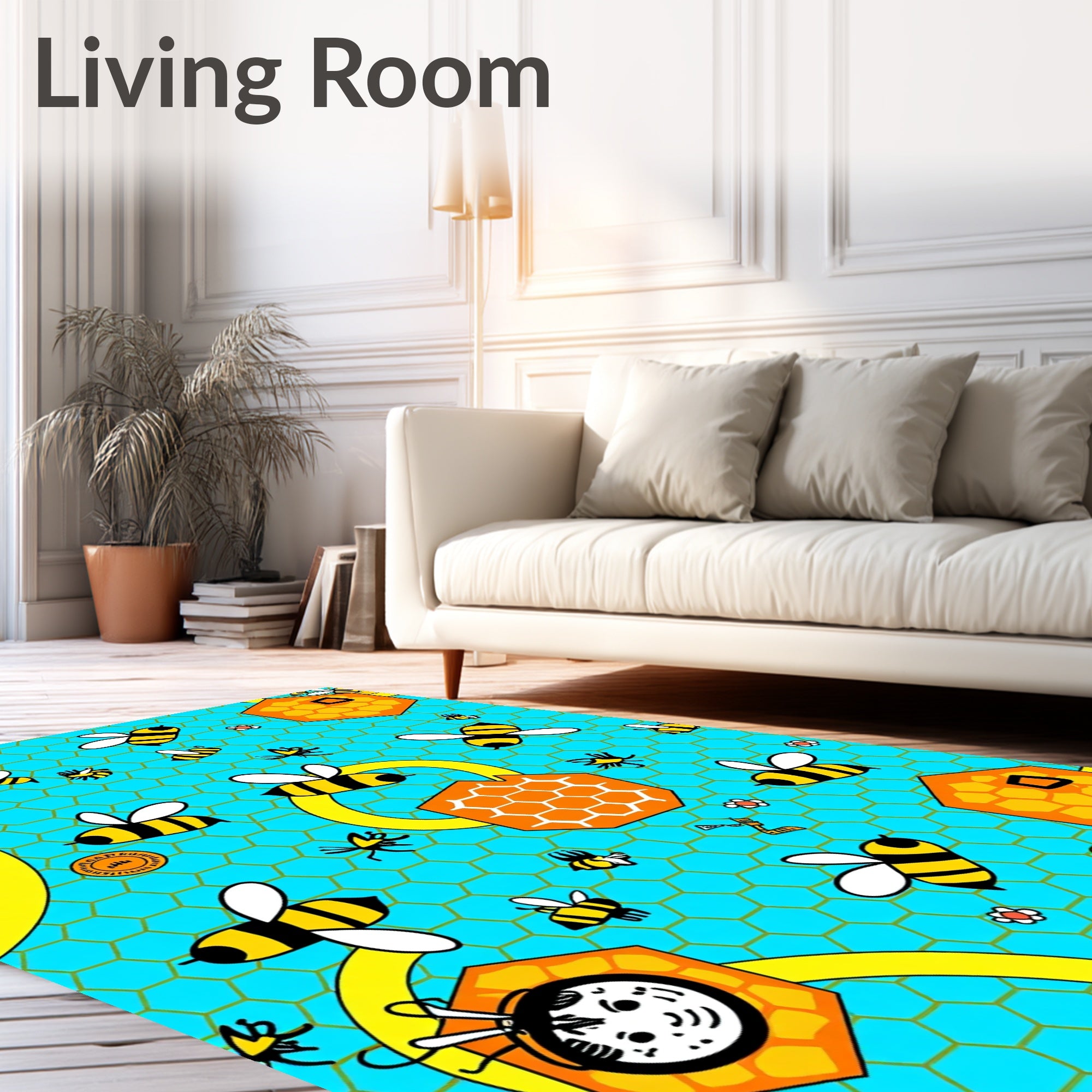 Whimsical Yellow Bee Honeycomb Turquoise Rug