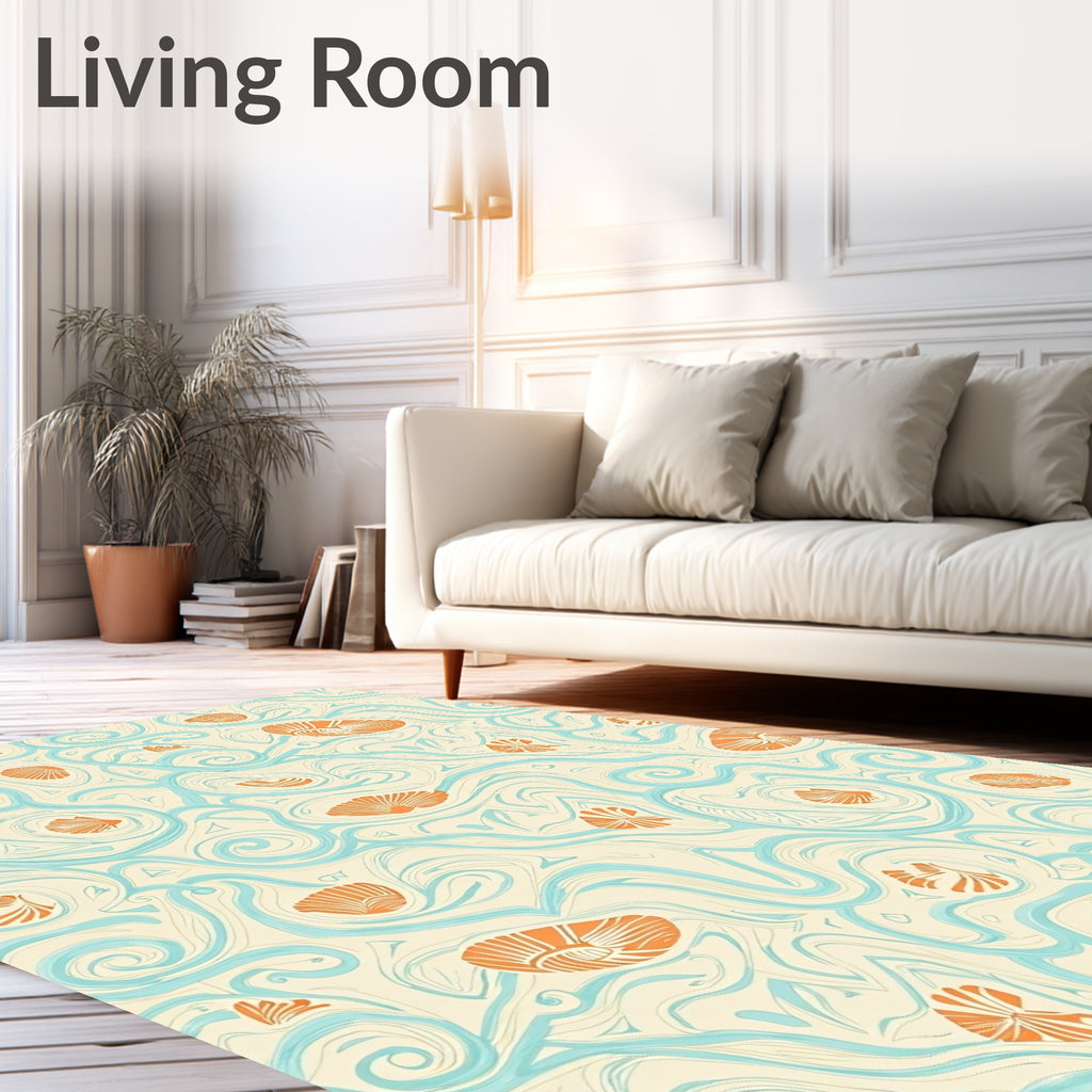Cream Aqua Orange Seashell Swirls Rug
