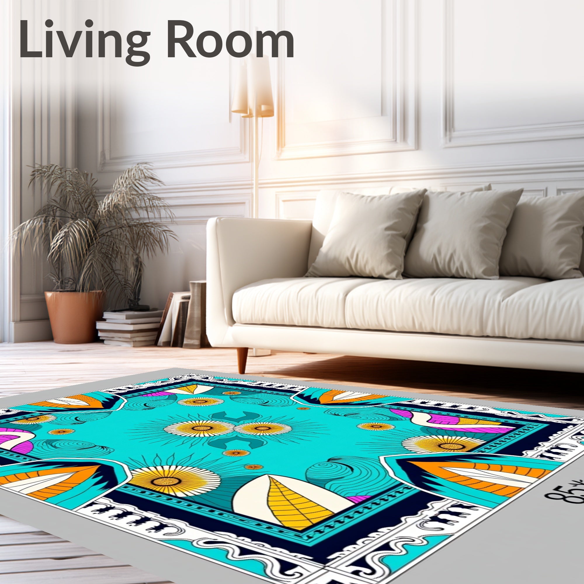 Vibrant Turquoise Sunburst Floral Medallion Rug
