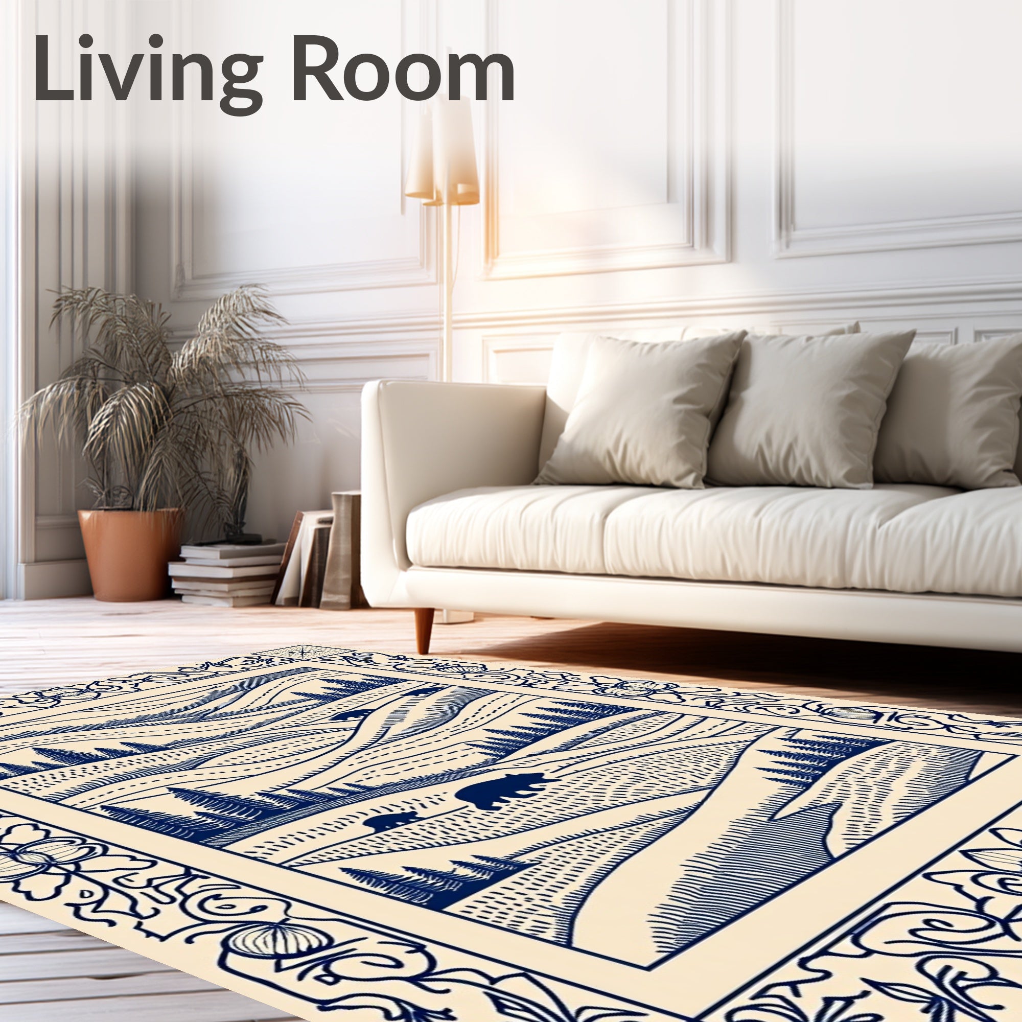 Navy Blue Bear Woodland Landscape Border Rug