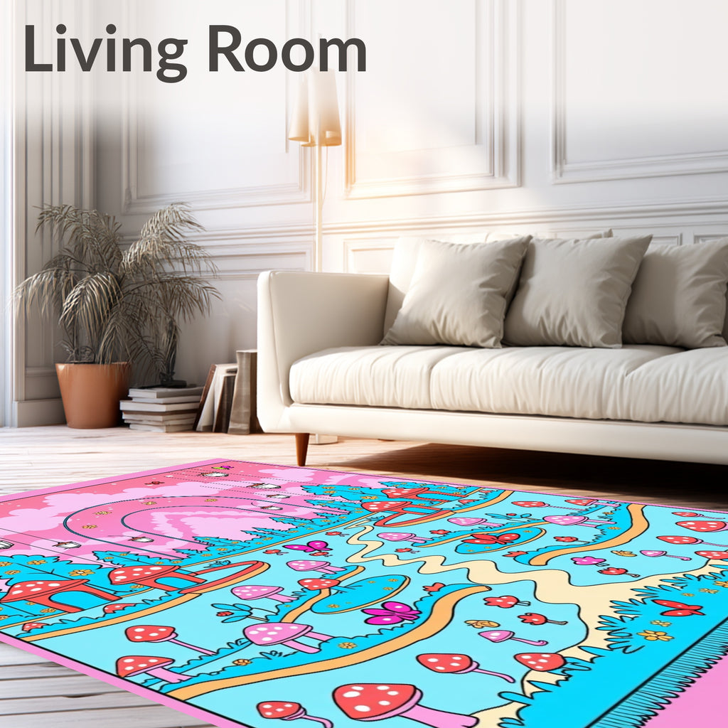 Whimsical Pink Red Mushroom Garden Rug
