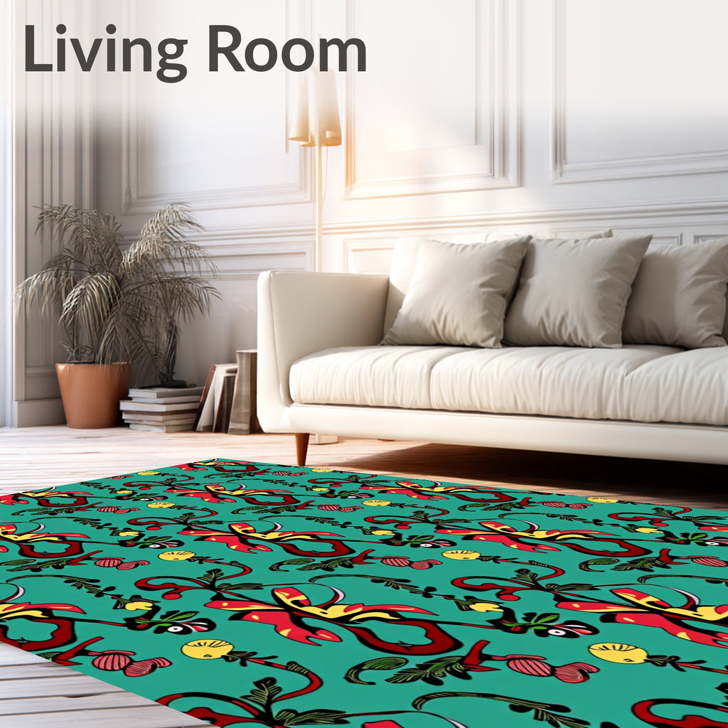 Red Yellow Teal Floral Swirl Rug