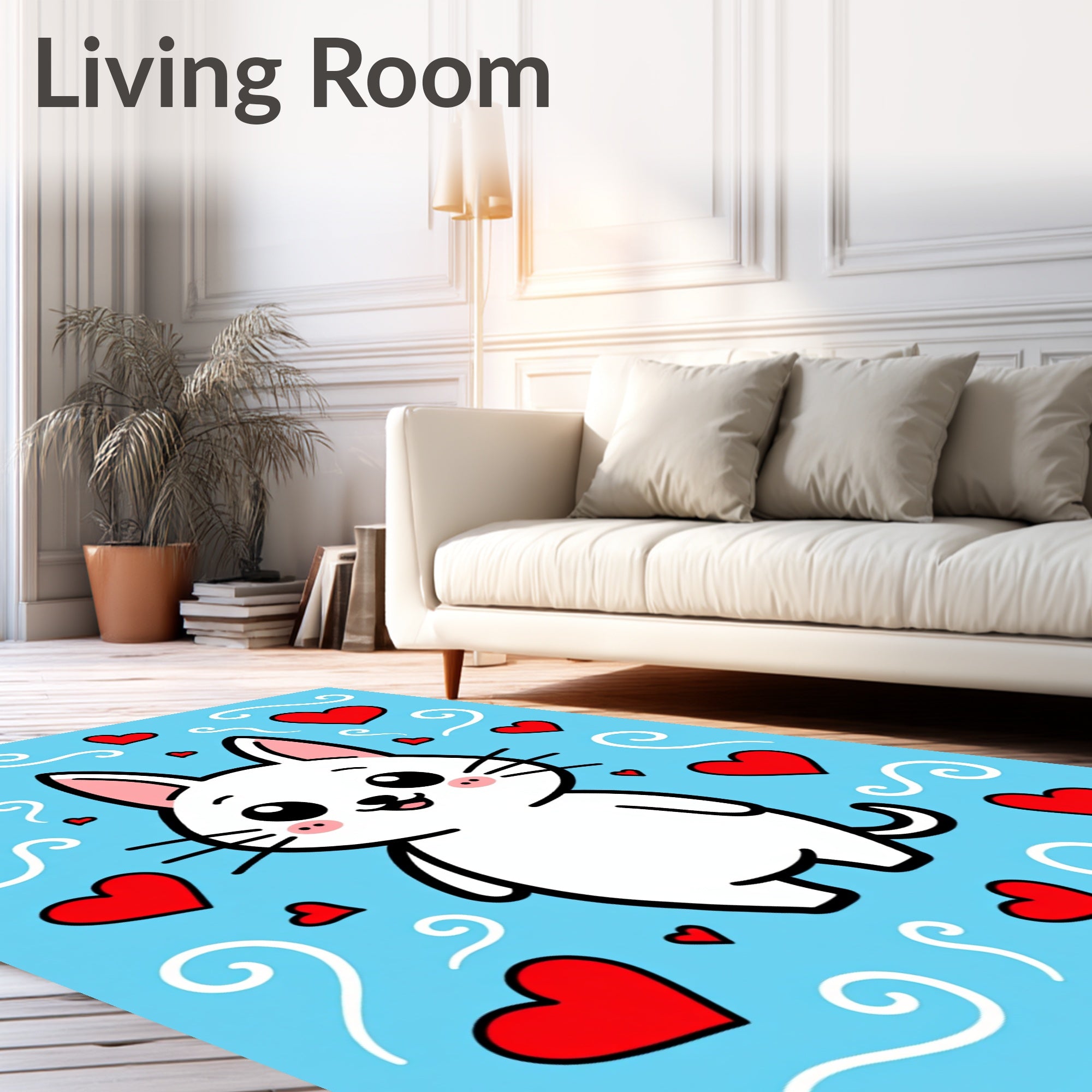 Cute White Cat Red Hearts Swirls Rug