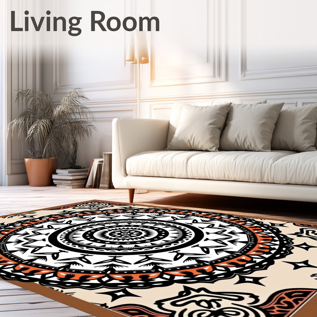 Bold Orange Black Mandala Medallion Rug